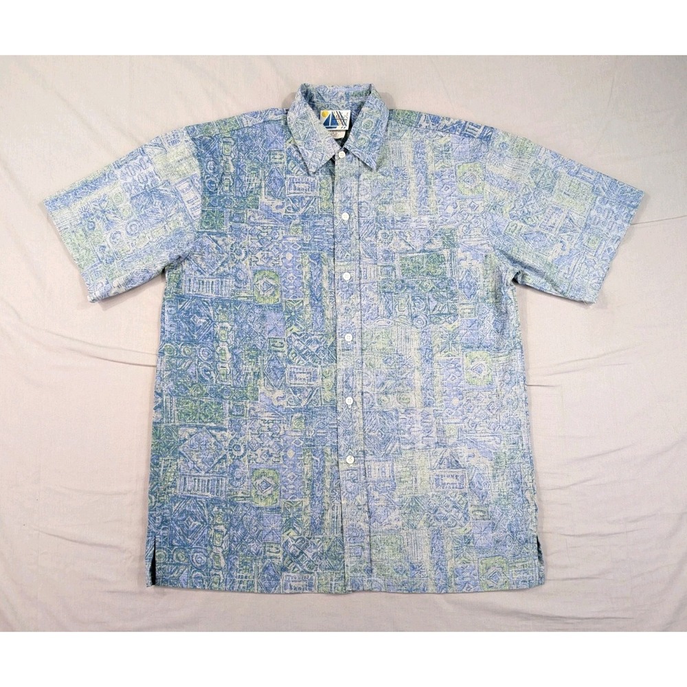 Vintage 60s Sears Mens Medium Tribal Patterned Hawaiian Button Up Shirt Blue